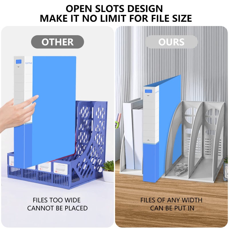 SAYEEC File Holder Storage Folder 4 Compartment Standing Desktop Hollow Organizer Files Shelf Plastic Notebook Magazine for Office School Home Supplier Students (Random Light Gray OR Blue) - Image 4